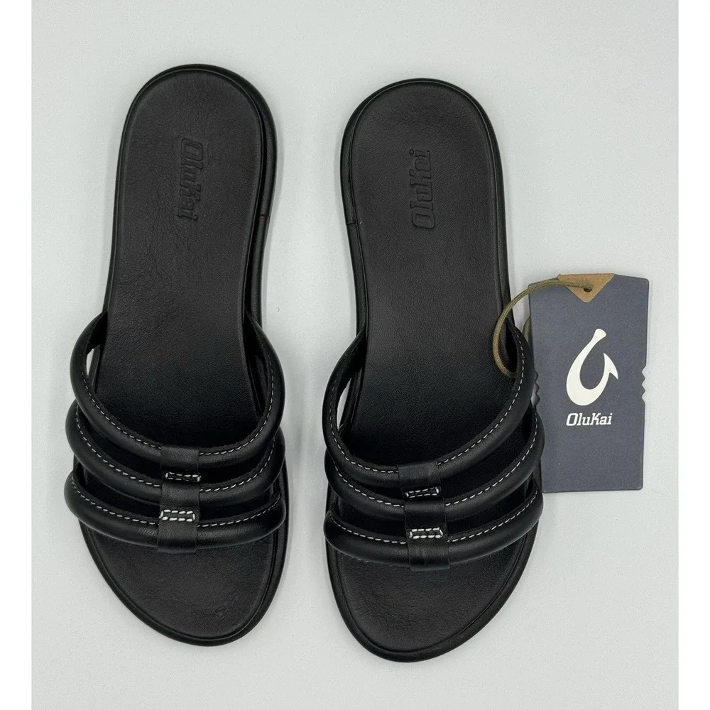 Olukai Women's Tiare Slide,Sandal Slipper Black Leather , Size 8 - Picture 2 of 6